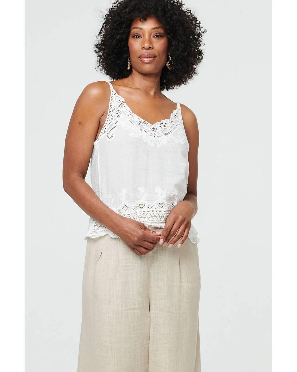 Izabel London White Lace Trim Sleeveless Cami Top