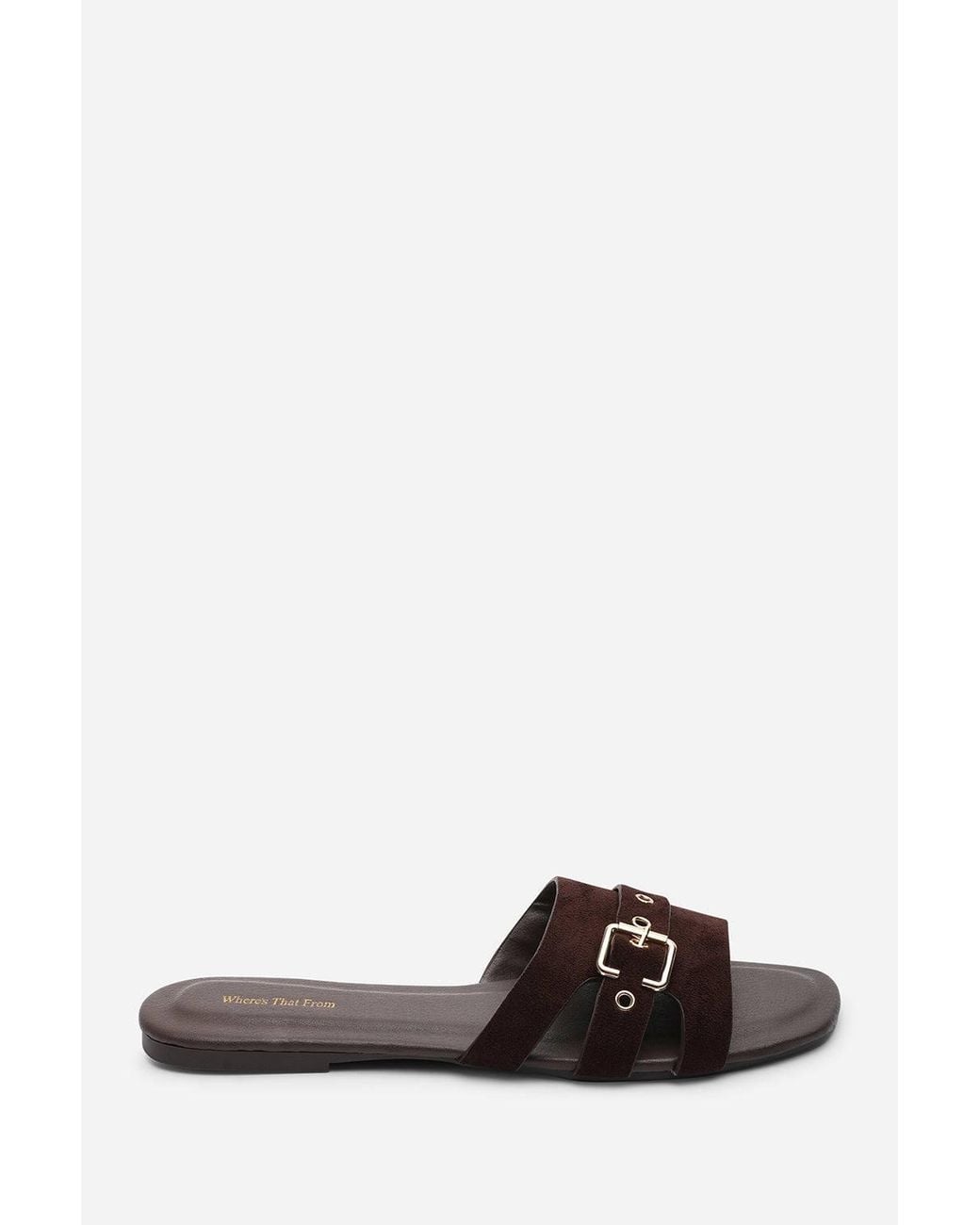 Where's That From Brown 'Alvita' Buckle Slide On Flat Suede Sandal