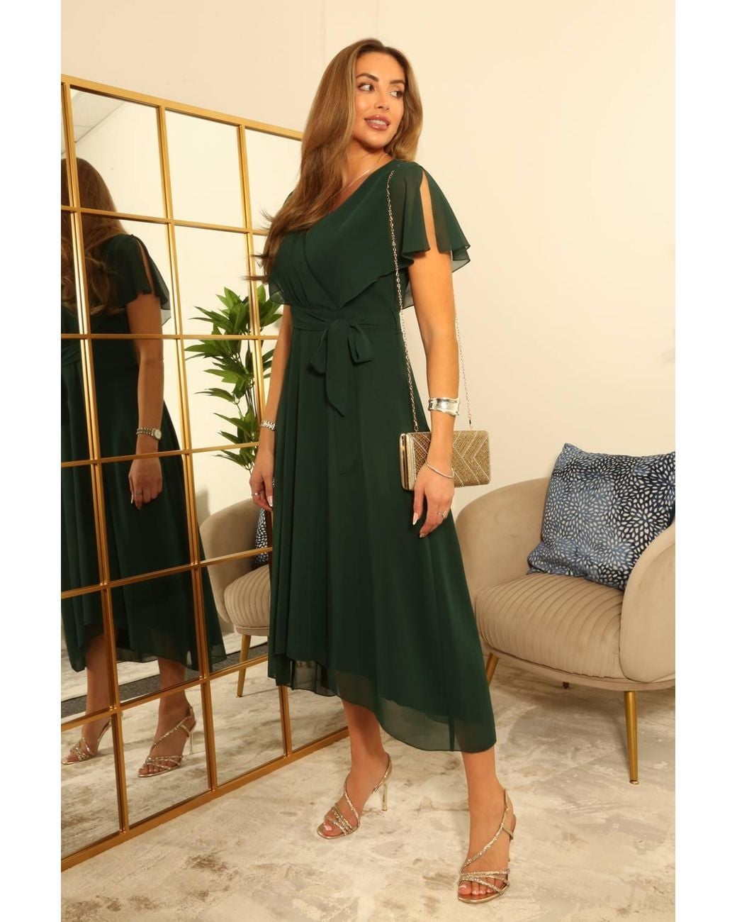 Double Second Black Chiffon Wrap Dress W/ Cape Sleeves