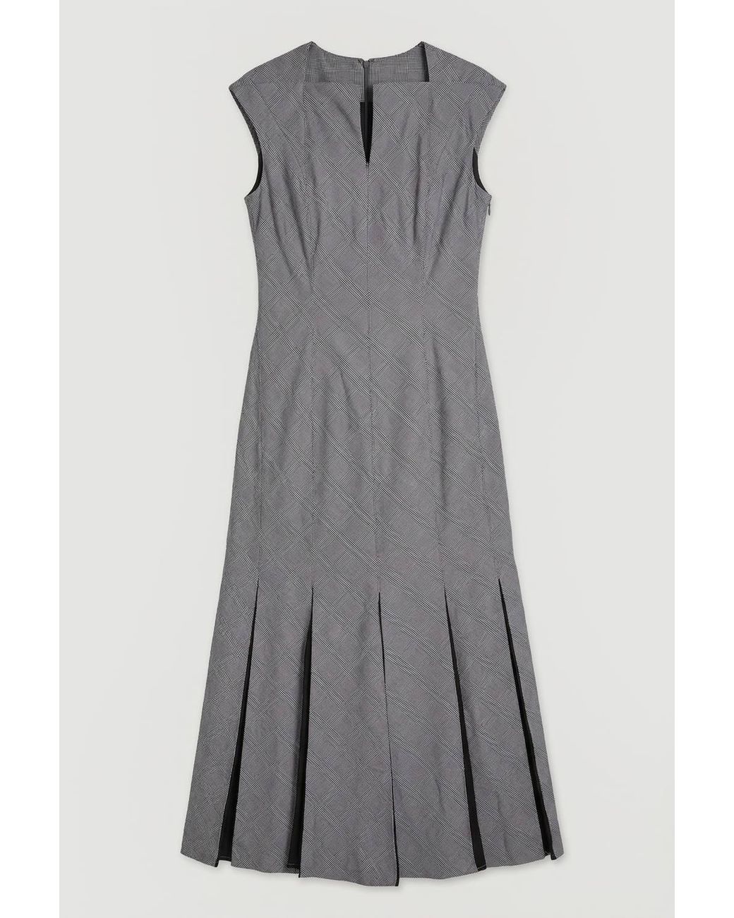 Karen Millen Gray Soft Tailored Check Godet Detail Midi Dress