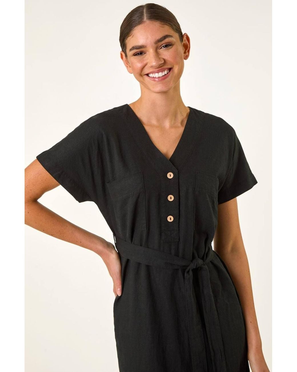 Roman Black Button Linen Mix Midi Dress