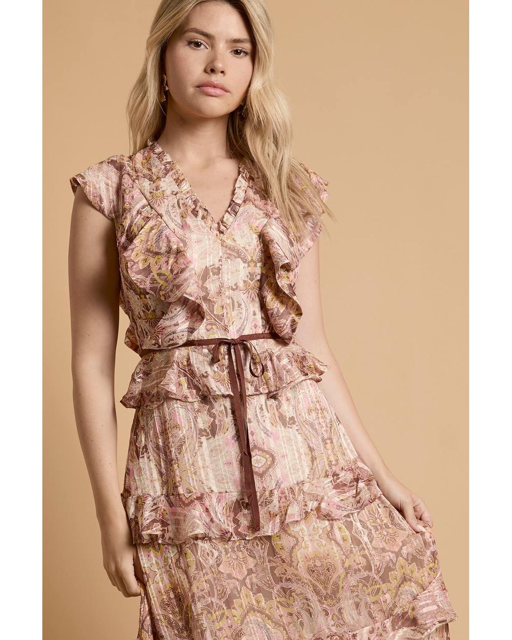 Oasis Brown Stud Trim Frill Tiered Midaxi Dress