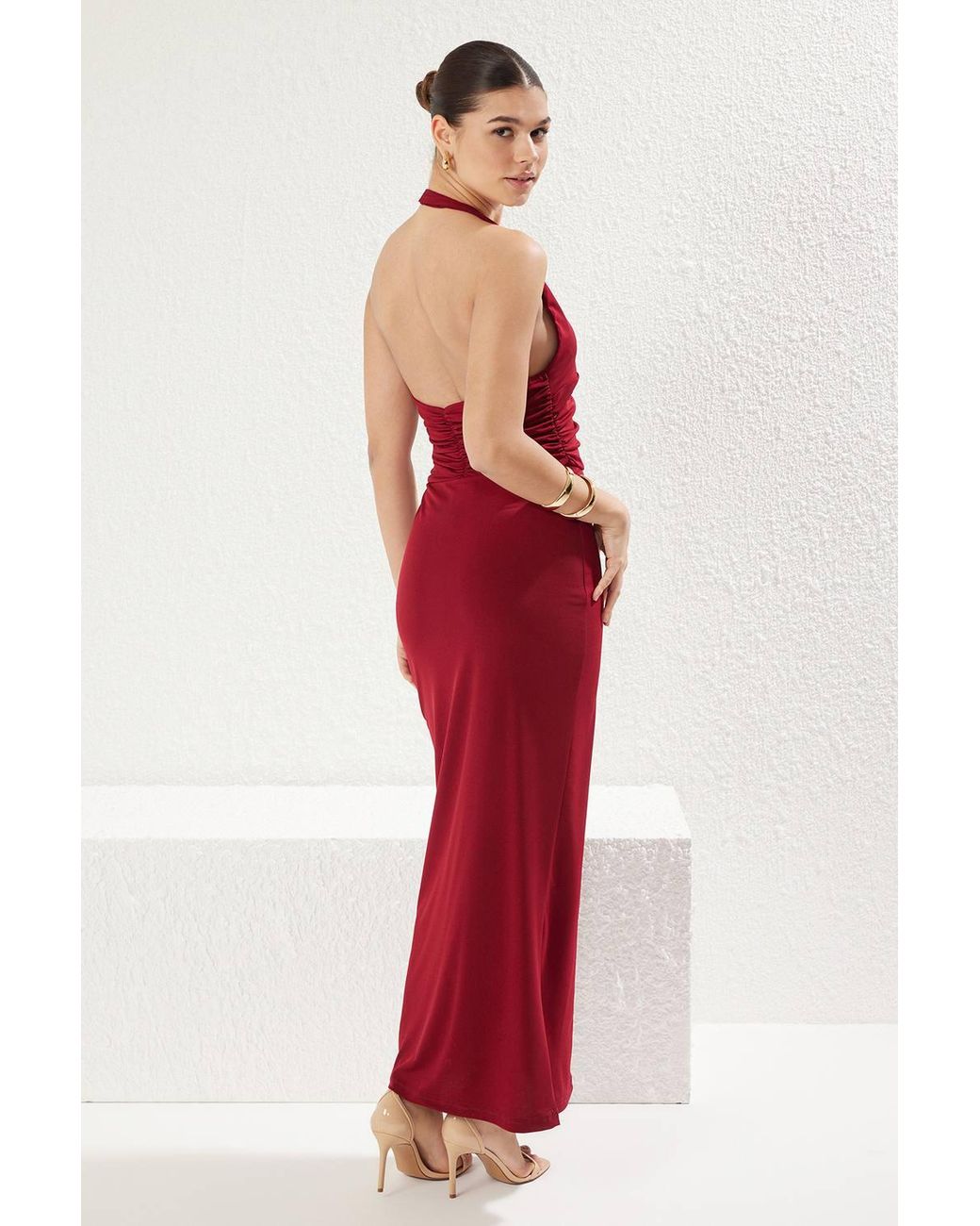 WOVCOR Red V Neck Drape Detail Bodycon Maxi Dress