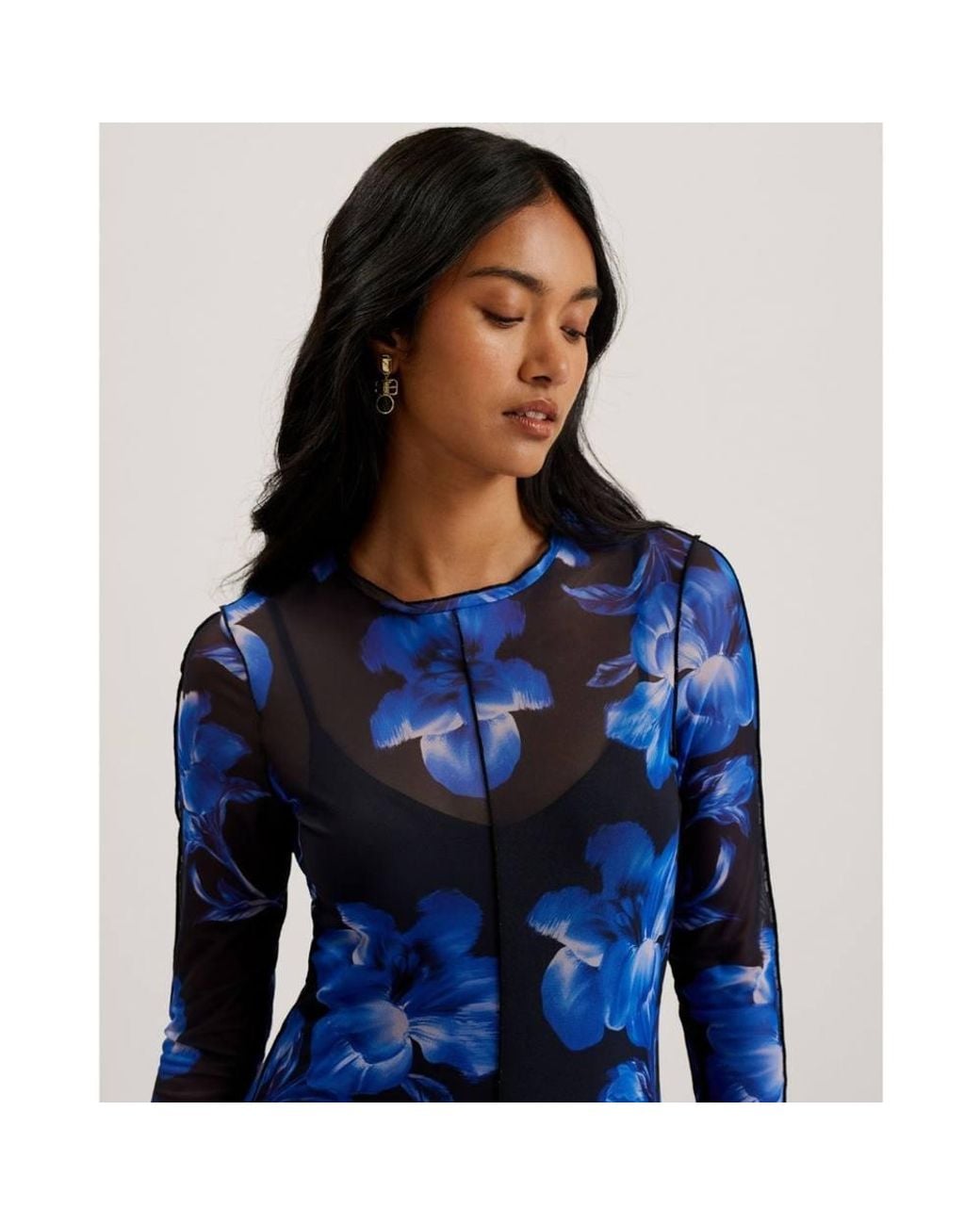 Ted Baker Blue Rozeen Long Sleeve Round Neck Midi Dress
