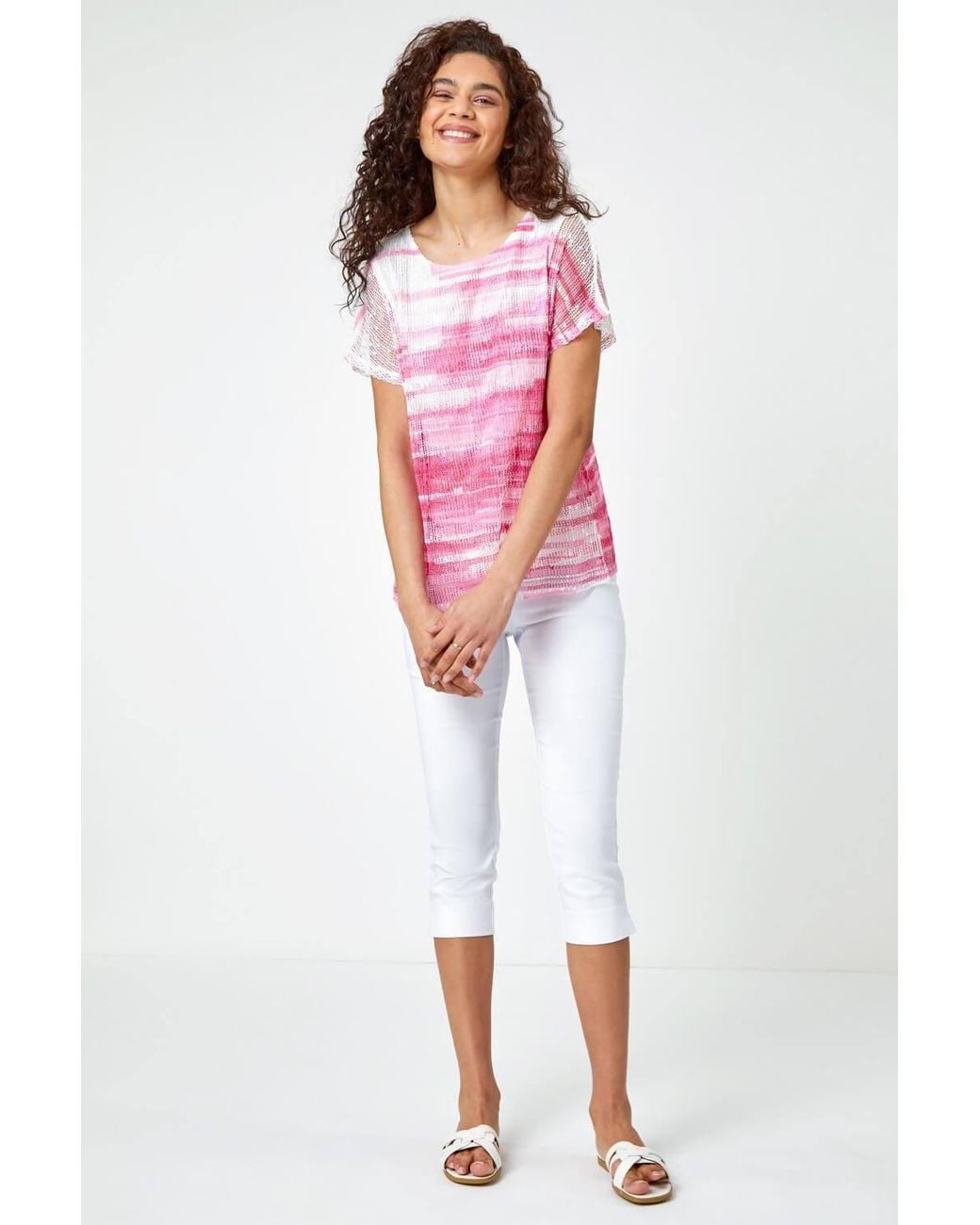 Roman Red Stripe Print Mesh Overlay Top