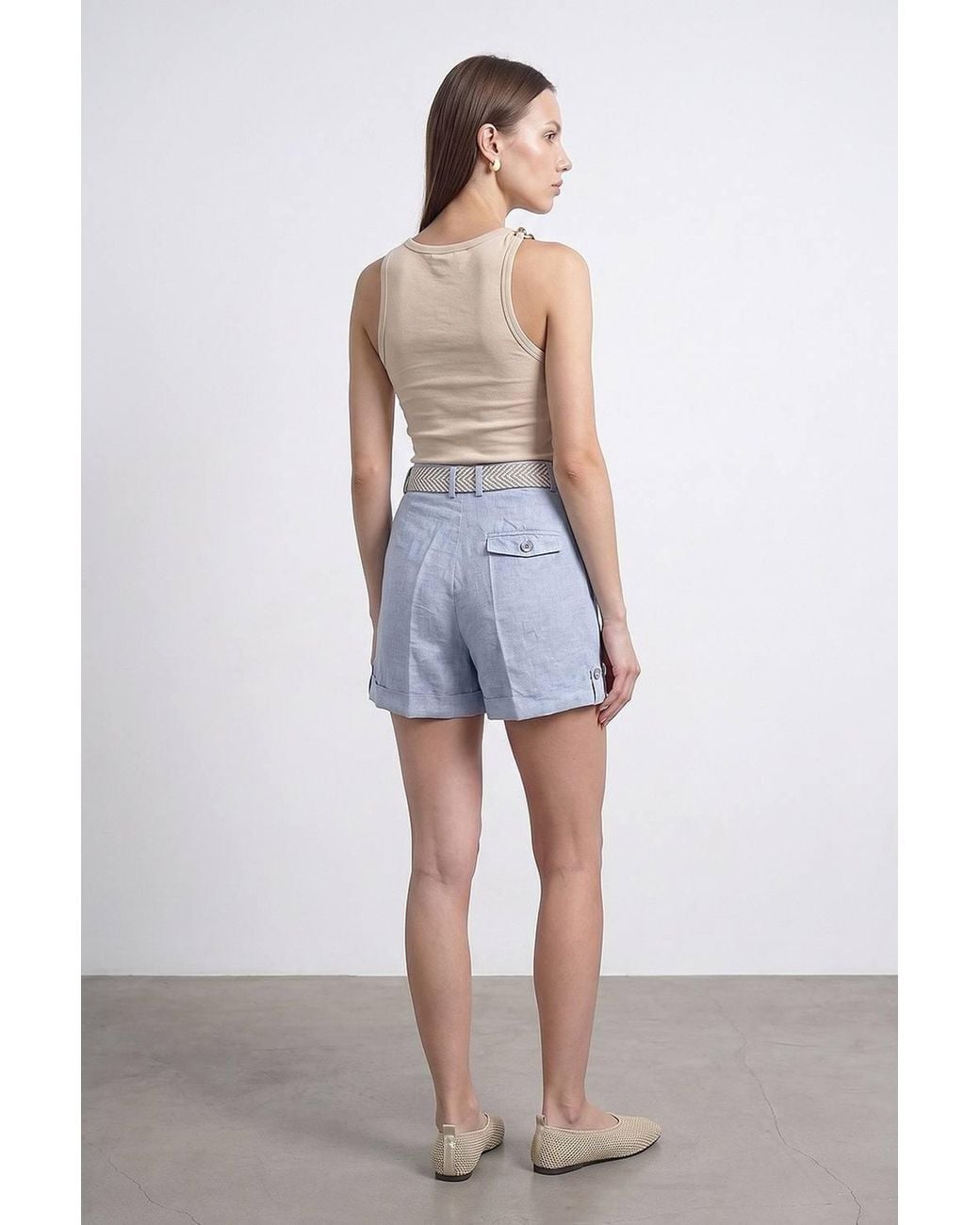 Dilvin Blue Linen High-Waist Tailored Shorts