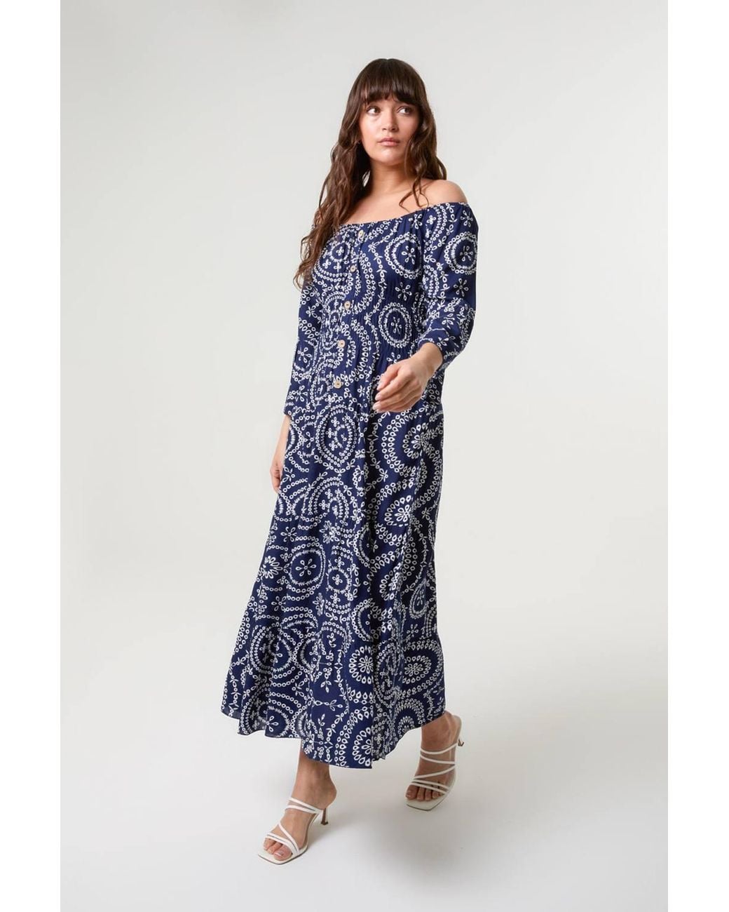 Blue Vanilla Blue Shirred Waist Three Quarter Sleeve Bardot Maxi Dress