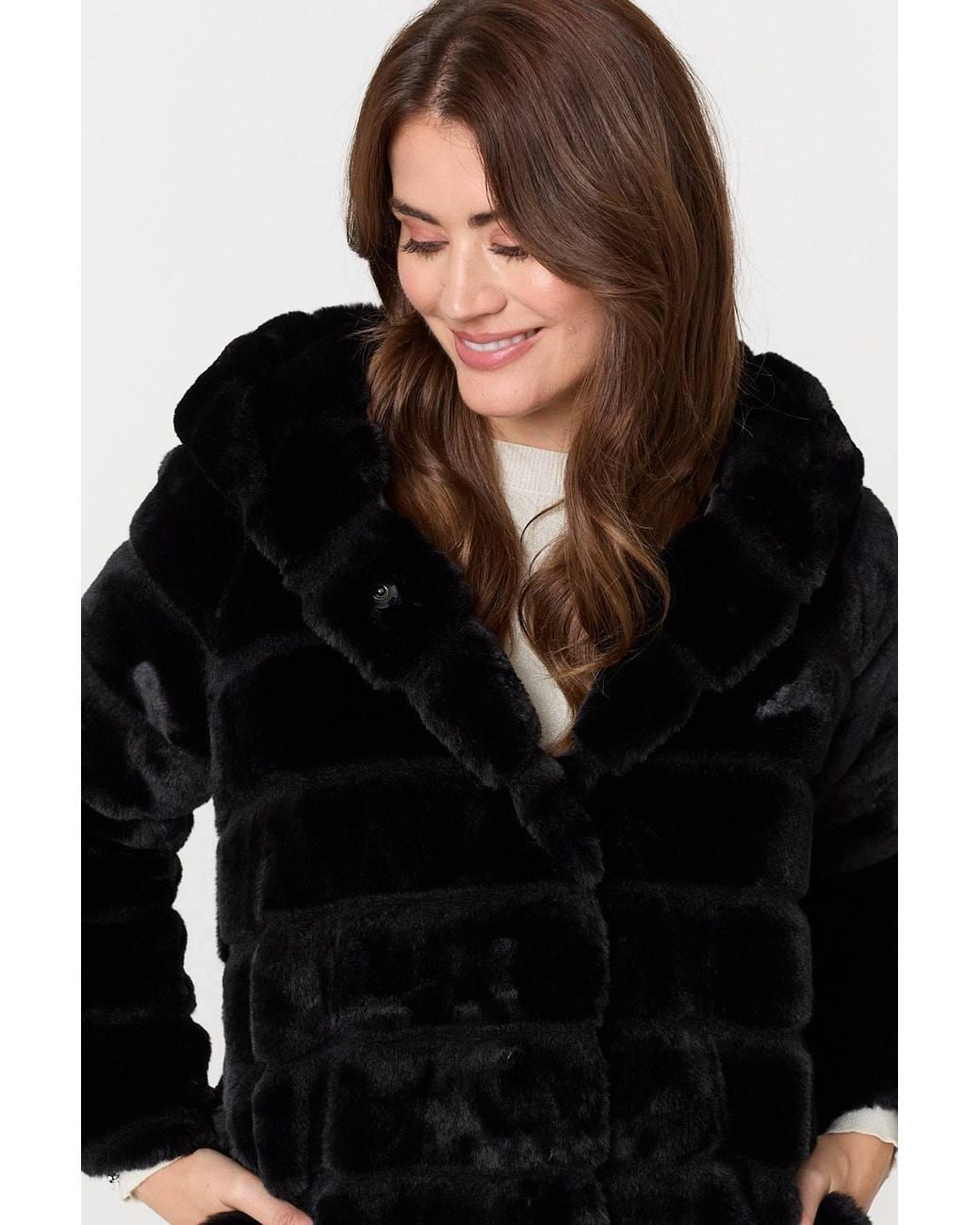Izabel London Black Faux Fur Thigh Length Hooded Jacket