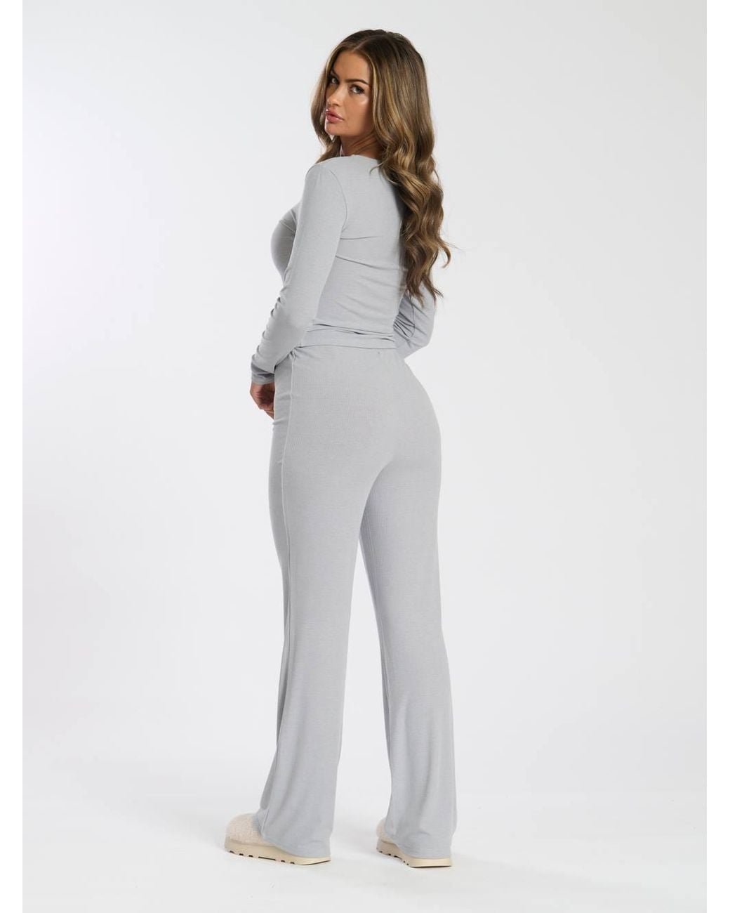 Loungeable White Long Sleeve Top & Flare Legging Lounge Set