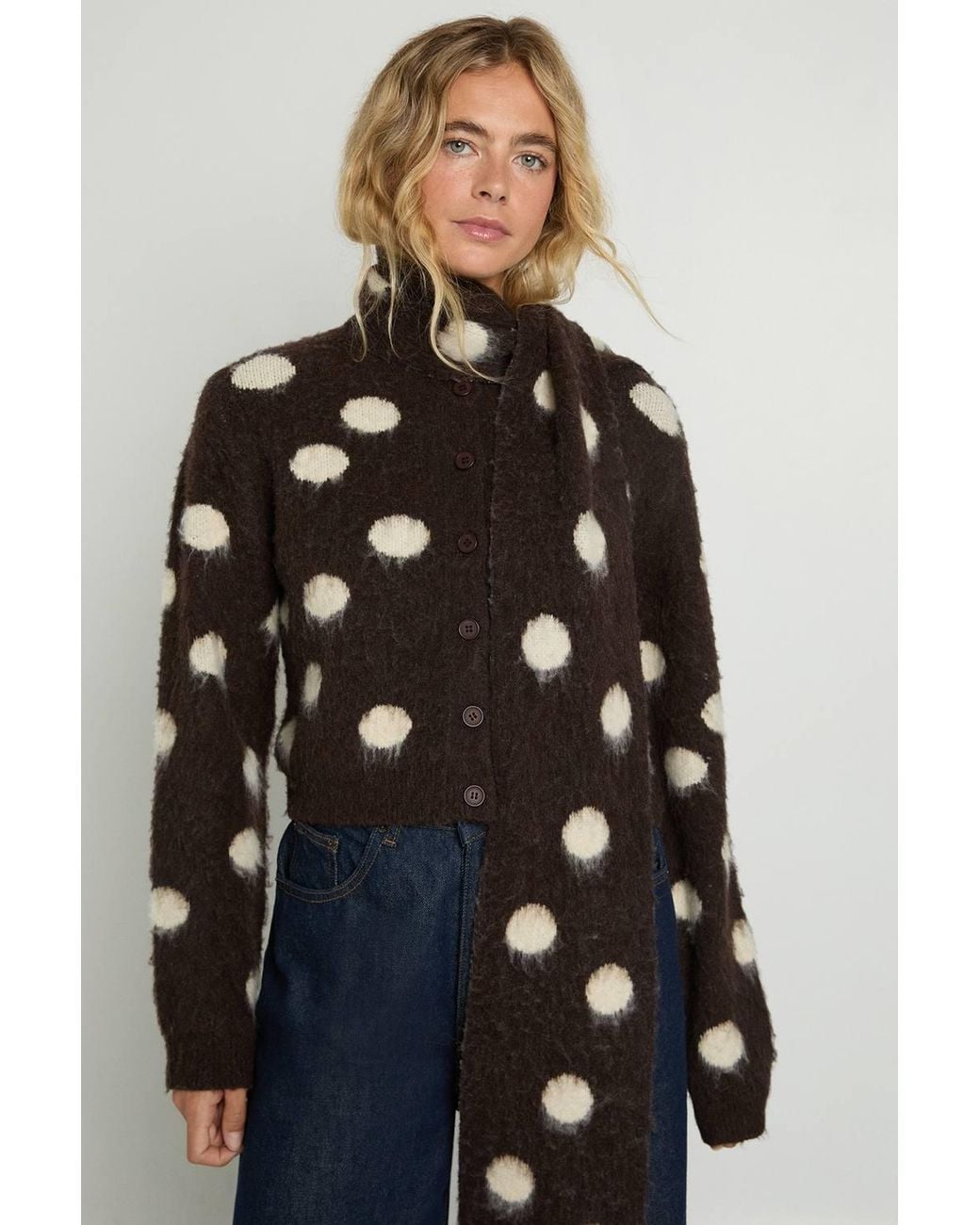 Nasty Gal Brown Polka Dot Brushed Cardigan & Scarf Co-Ord