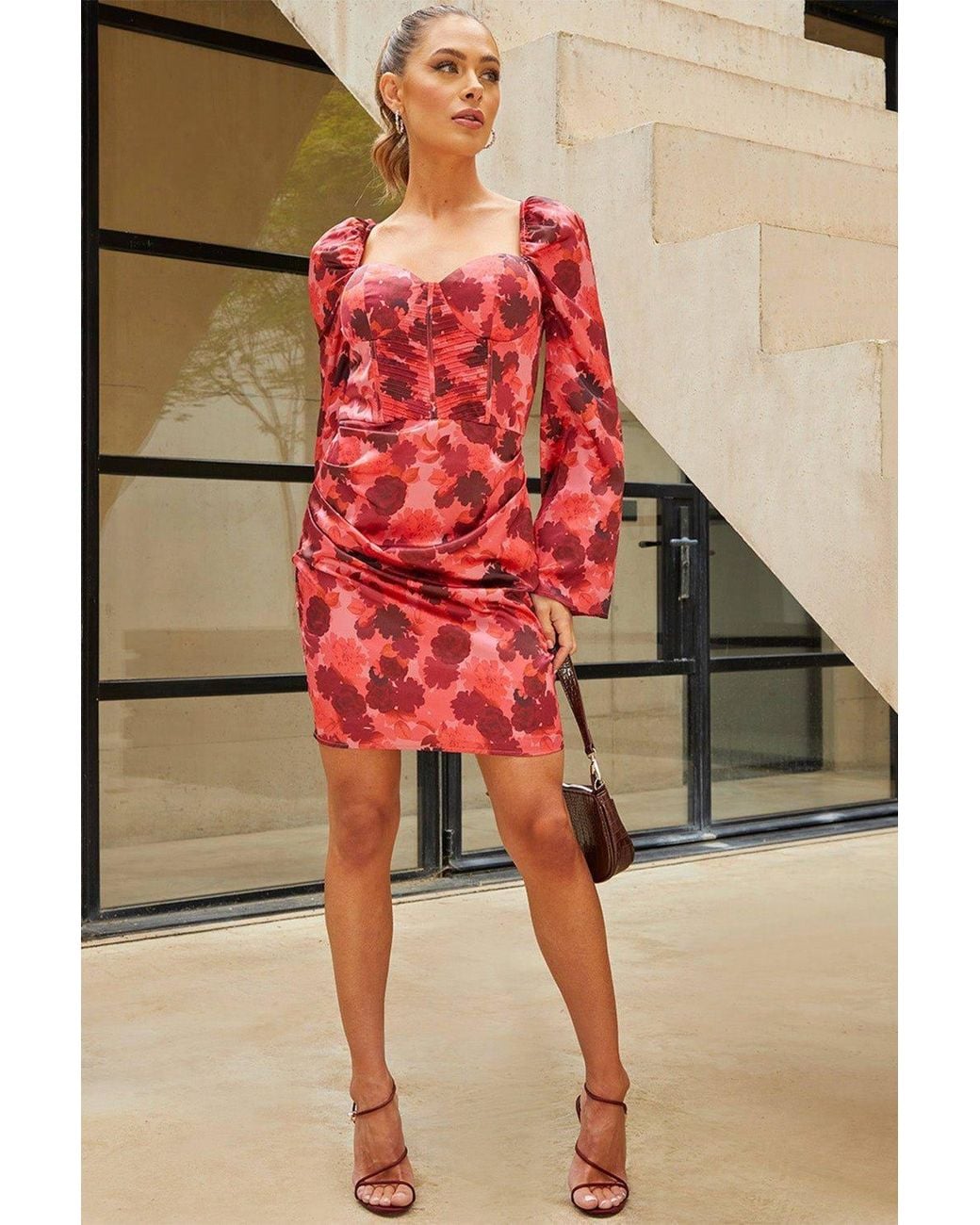 Chi Chi London Red Long Sleeve Corset Style Floral Mini Dress