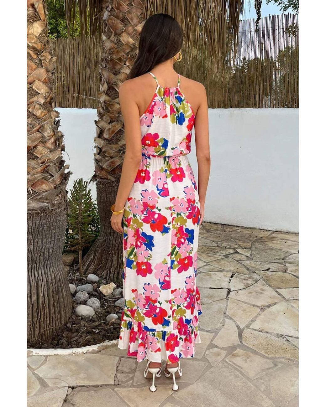 AX Paris Gray Multi Floral Print Racer Neck Frill Hem Midi Dress