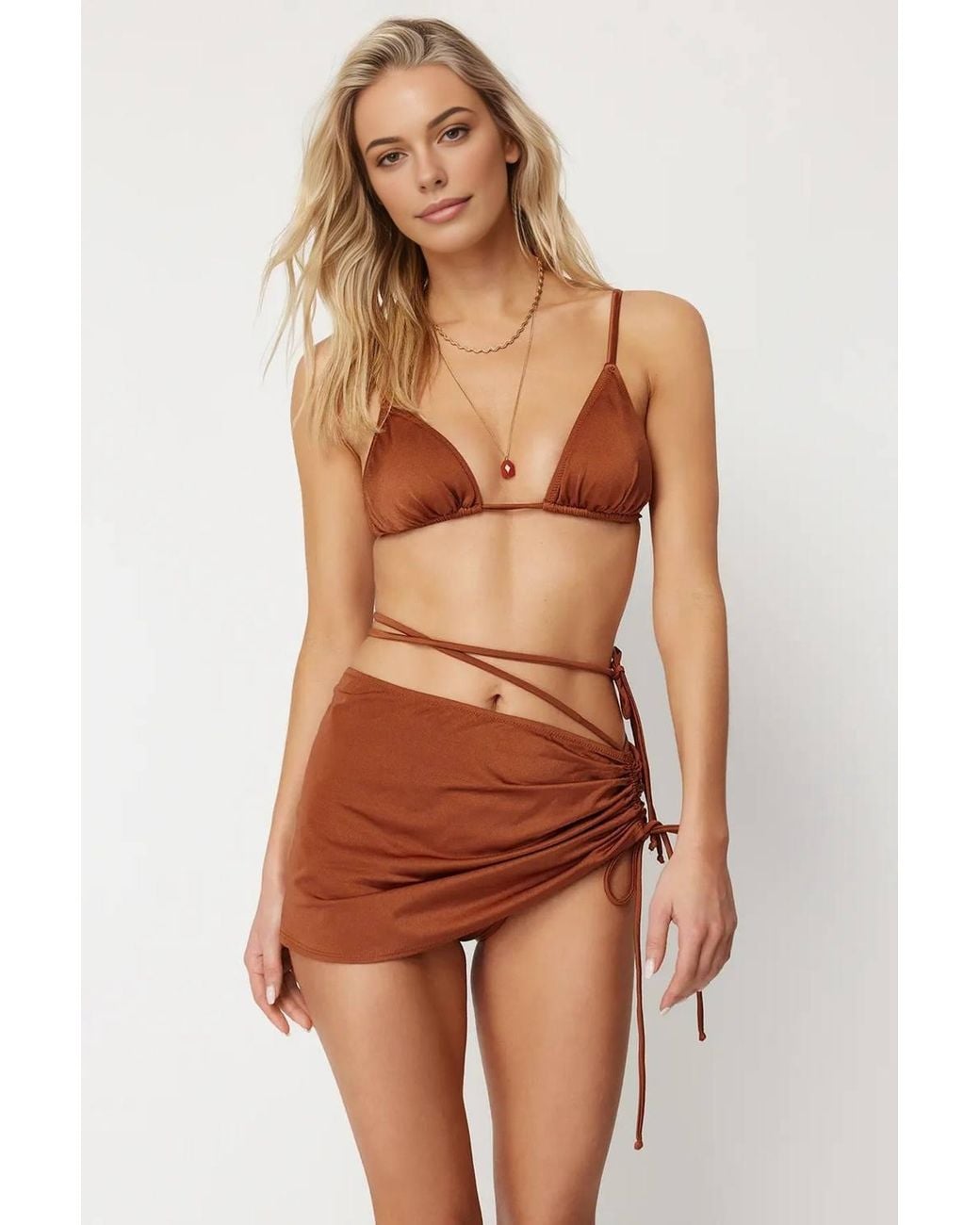WOVCOR Brown Triangle Bikini Set W/ Tie Side Skirt Detail