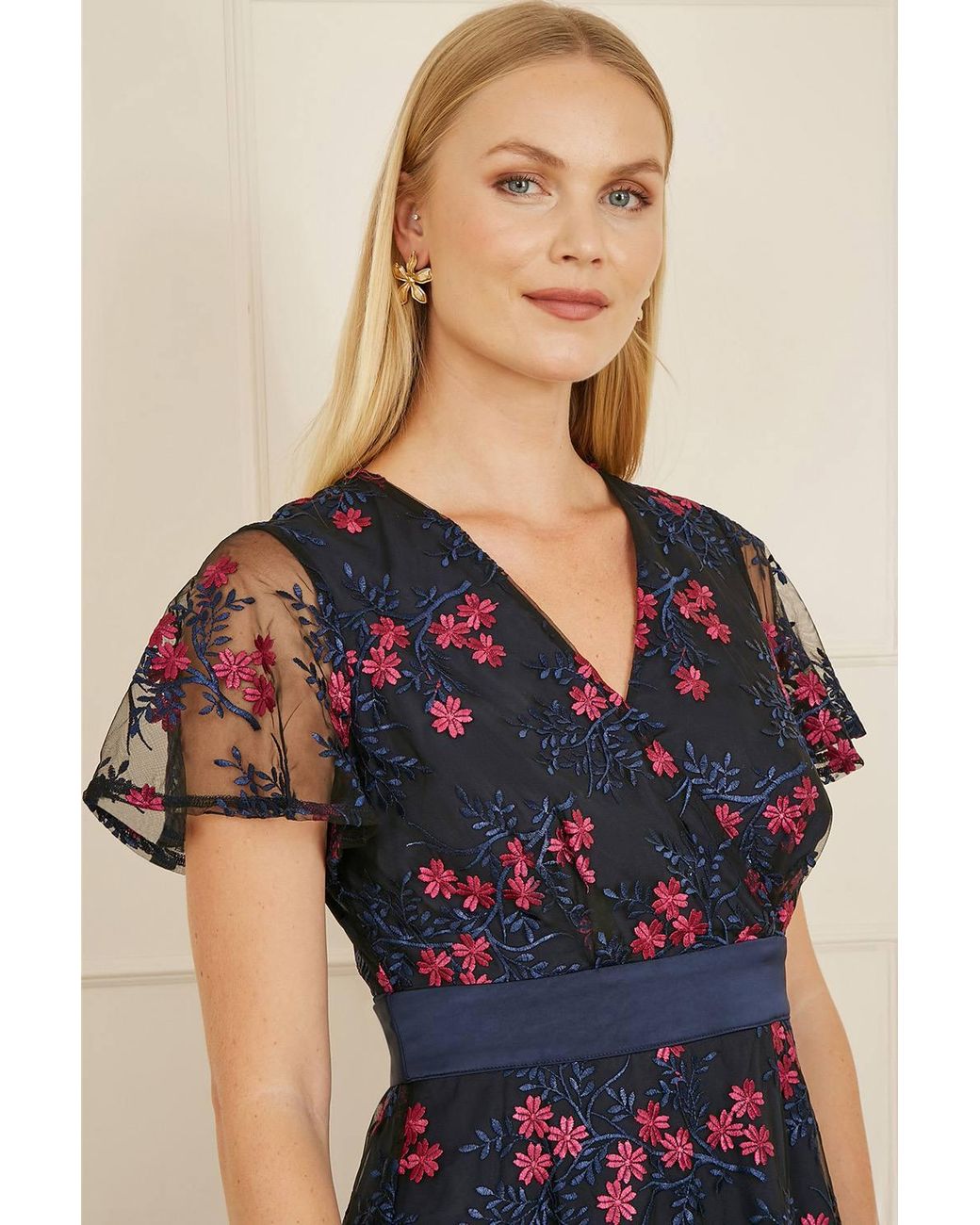 Yumi' Blue Embroidered Floral Mesh Wrap Midi Skater Dress