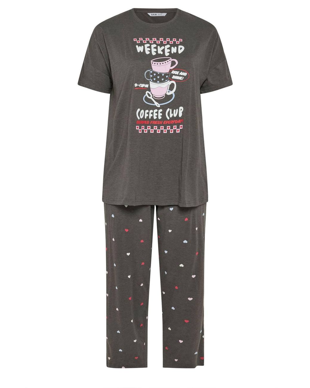 Yours Gray 'Coffee Club' Wide Leg Pyjama Set