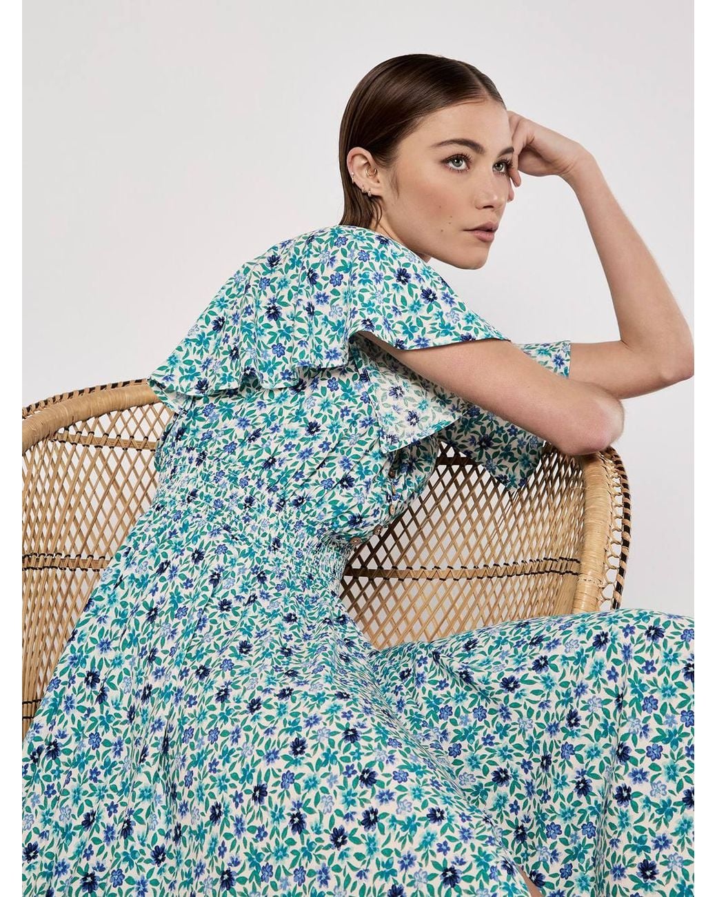 Apricot Blue Watercolour Floral Midi Dress