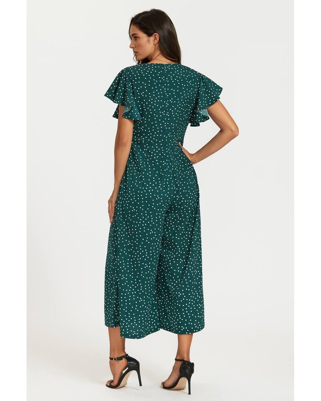 FS Collection Green Polka Dot Angel Sleeve Twist Jumpsuit