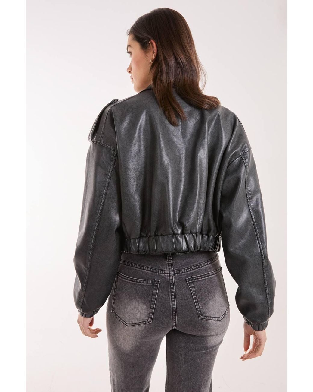 Pink Vanilla Black Pu Utility Cropped Bomber Jacket