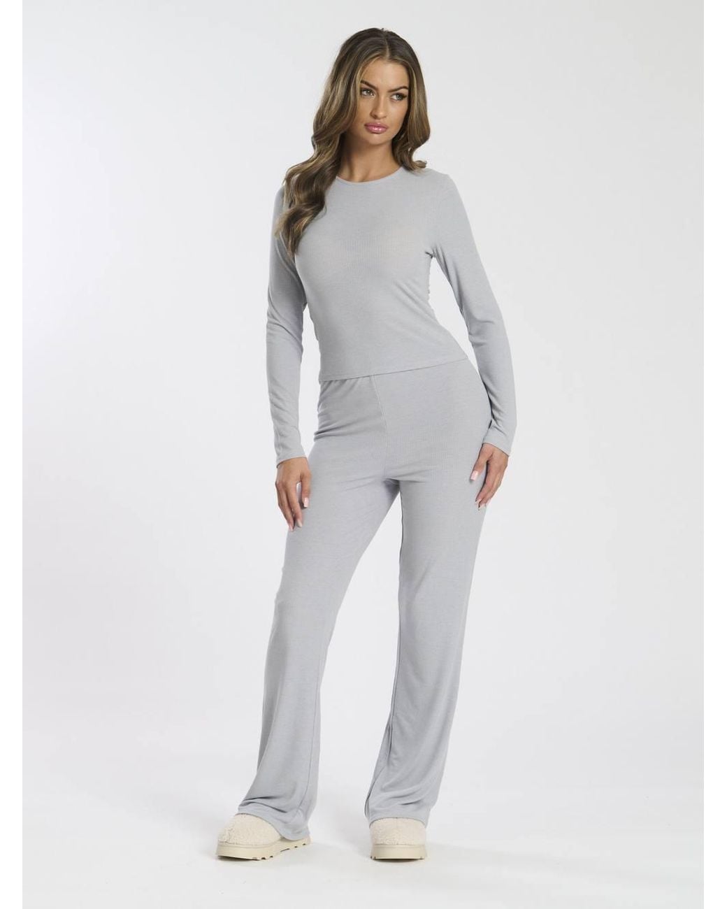Loungeable White Long Sleeve Top & Flare Legging Lounge Set