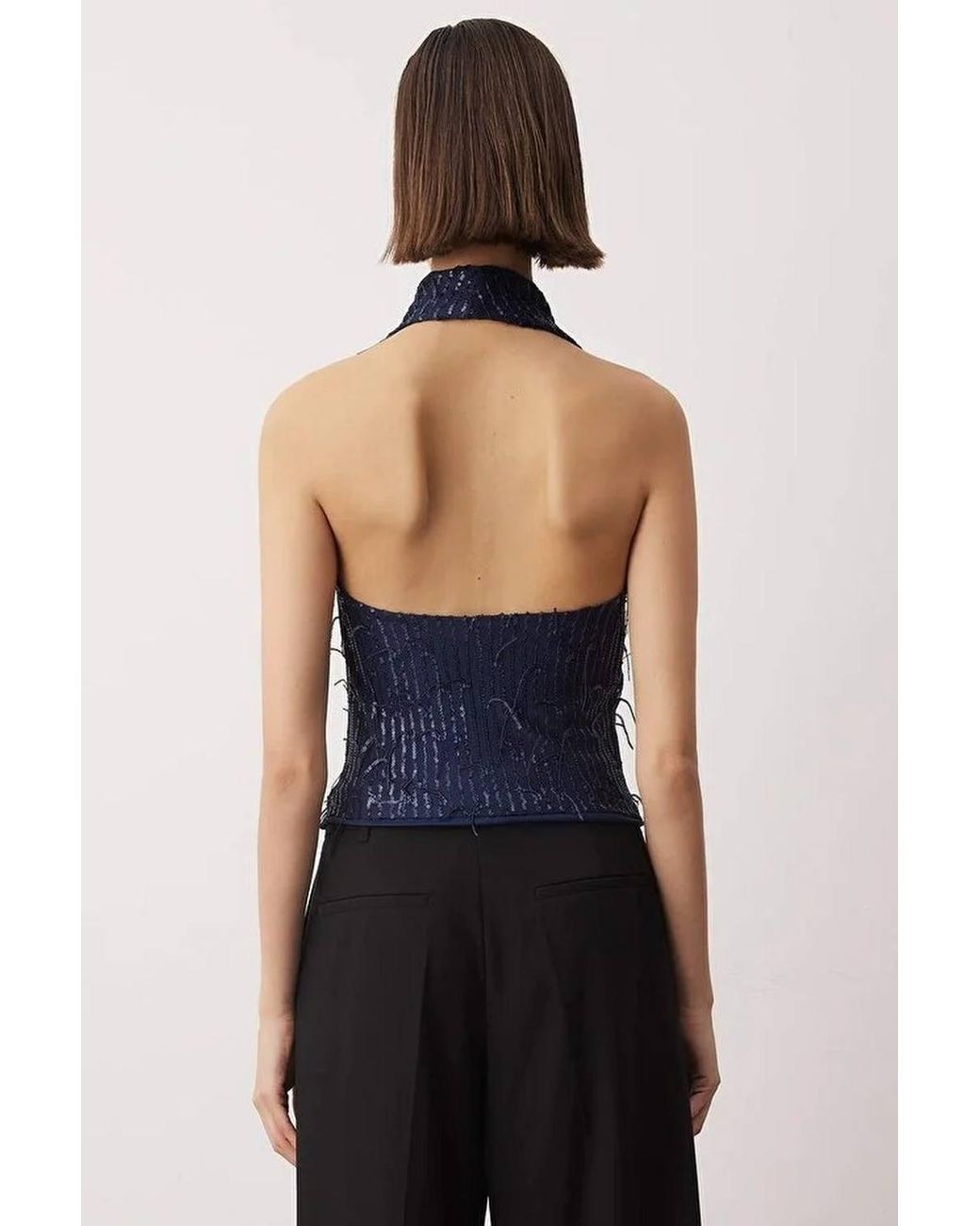 WOVCOR Blue Fringed Sequin V Neck Party Blouse