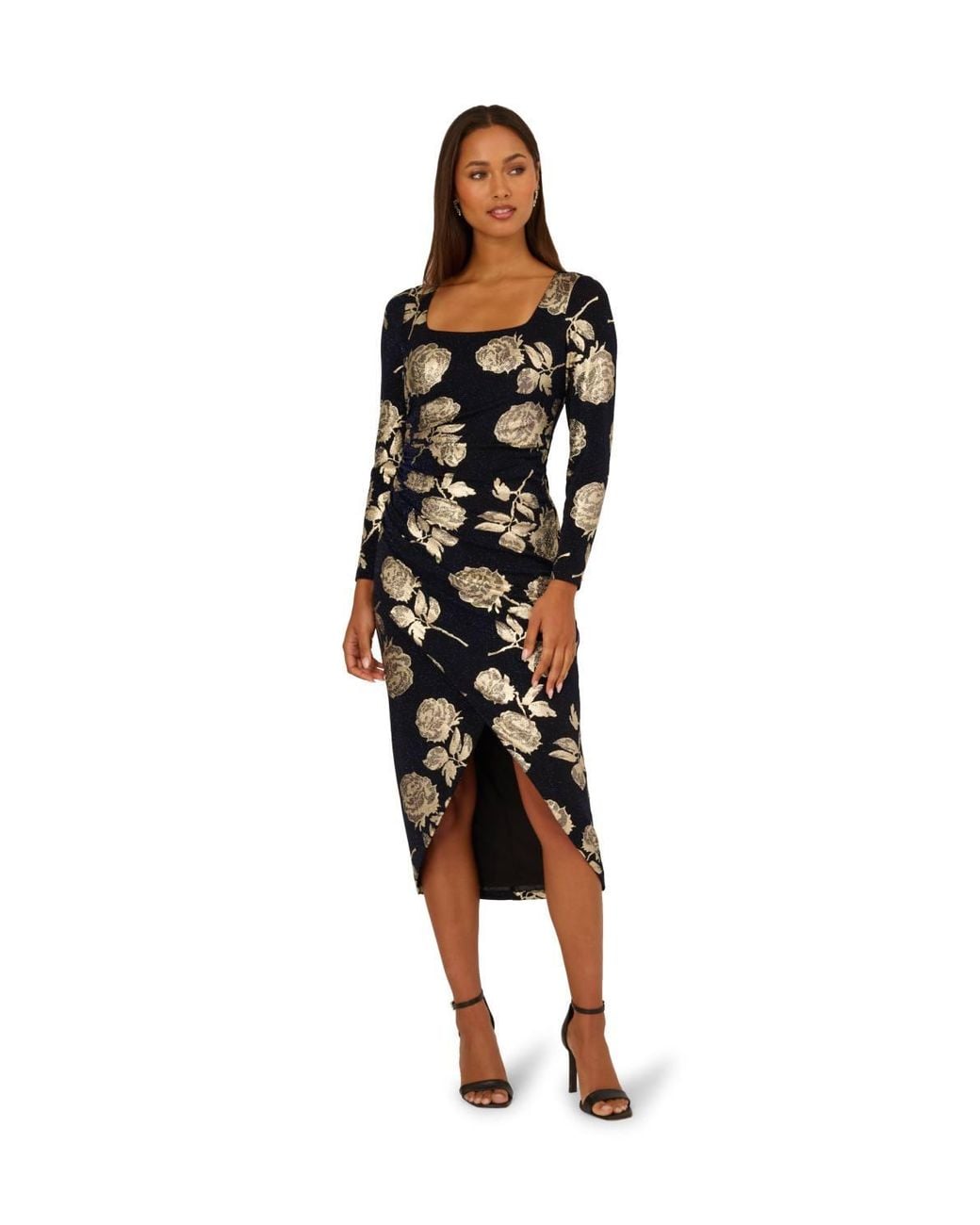 Adrianna Papell Black Floral Metallic Knit Gown Dress