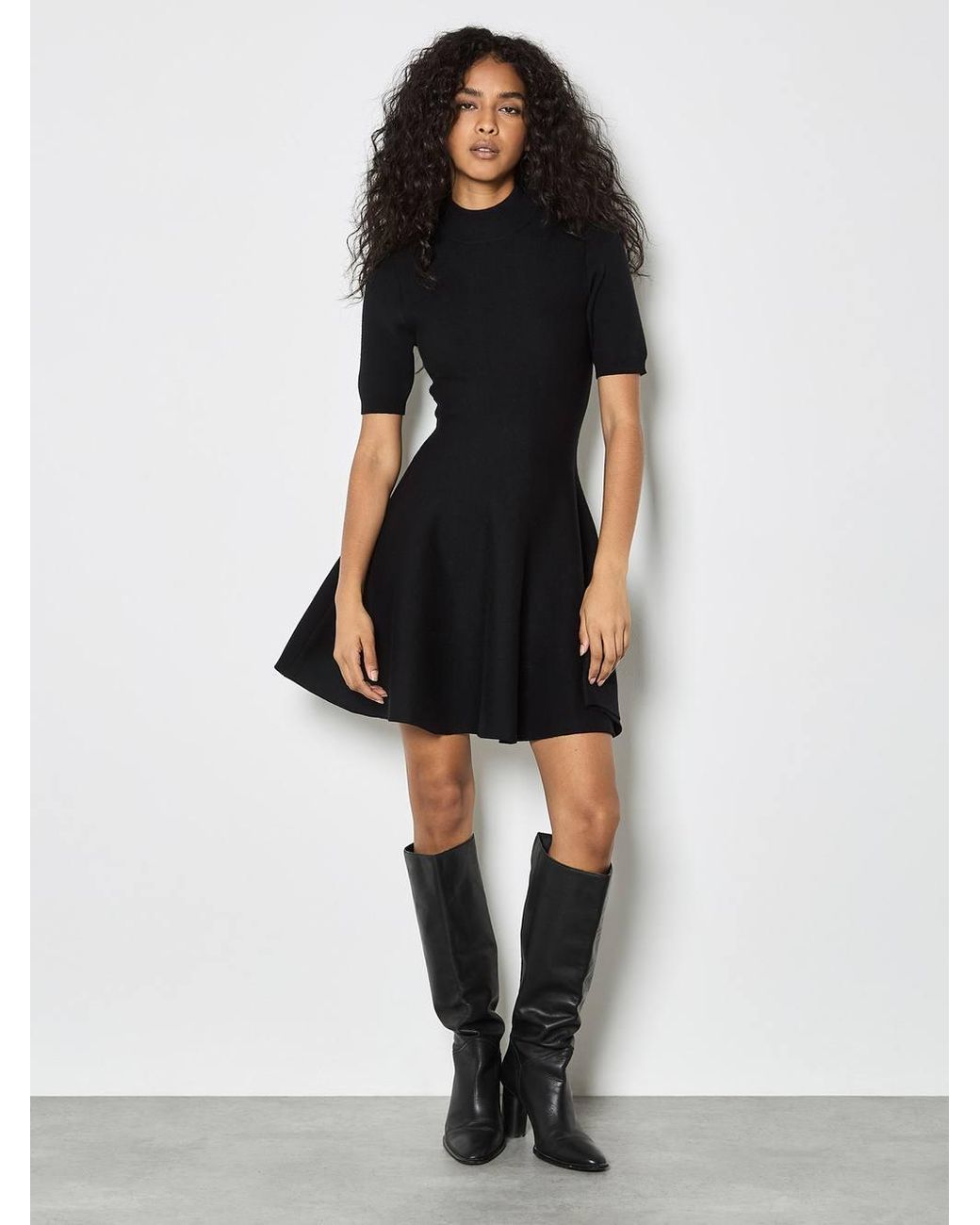 Apricot Black Fit & Flare Ribbed Knit Mini Dress