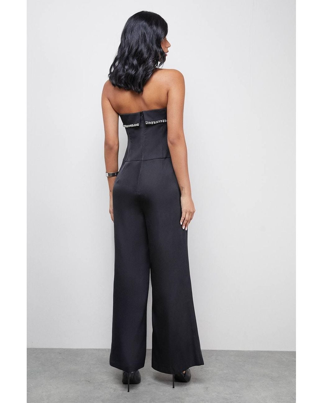 Warehouse Blue Gem Embellished Satin Bandeau Jumpsuit