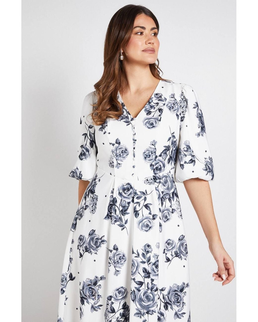 Wallis White Floral Polka Dot Button Ottoman Twill Midi Dress
