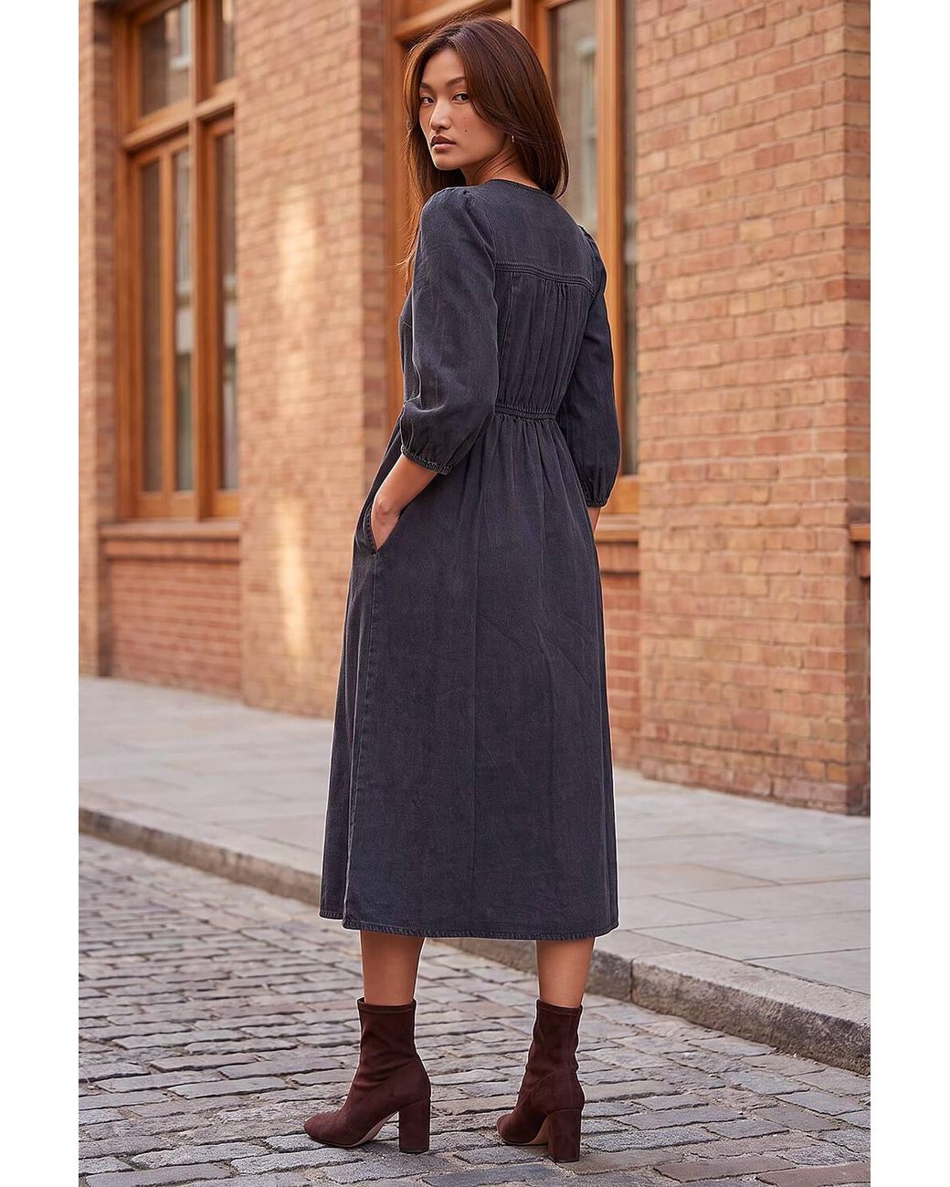 Roman Black Popper Buttoned Midi Dress