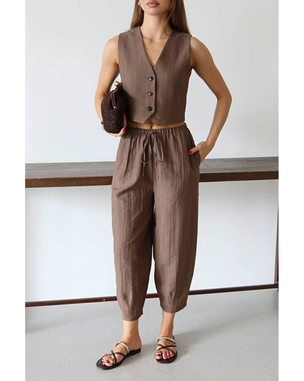 WOVCOR Brown V Neck Sleeveless Vest & Wide Leg Trousers Co-Ord Set