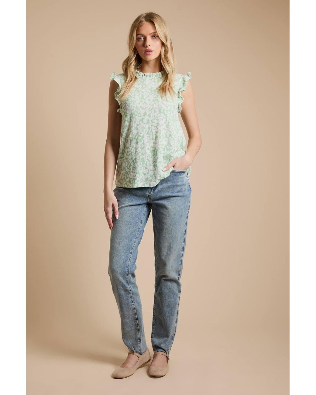 Dorothy Perkins Natural Frill Yoke Printed Jersey Shell Top