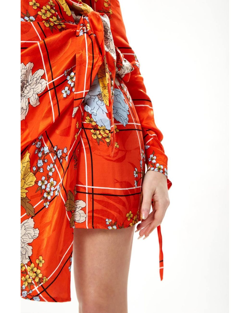 Liquorish Orange Checked Floral Print Mini Wrap Dress