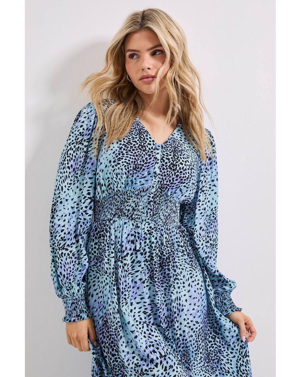 Dorothy Perkins Blue V Neck Button Front Detail Printed Midi Dress