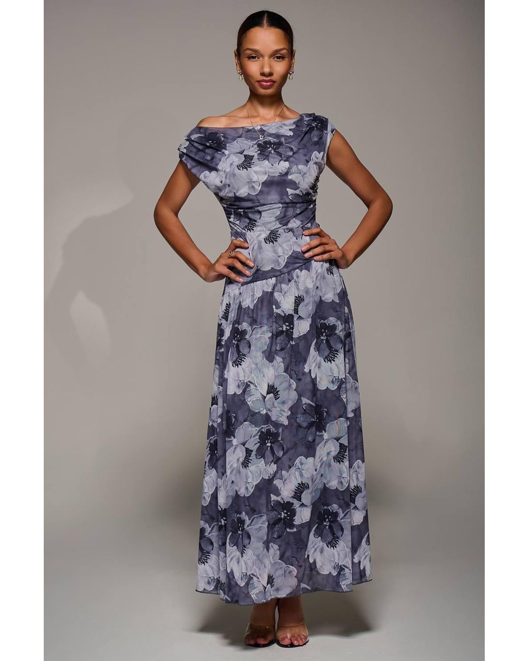 Jolie Moi Blue Asymmetric Draped Mesh Maxi Dress
