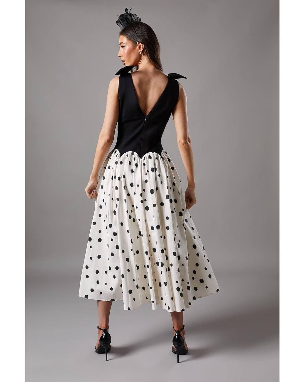 Coast Multicolor Mono Spot Races Drop Waist Bow Shoulder Midi Dress