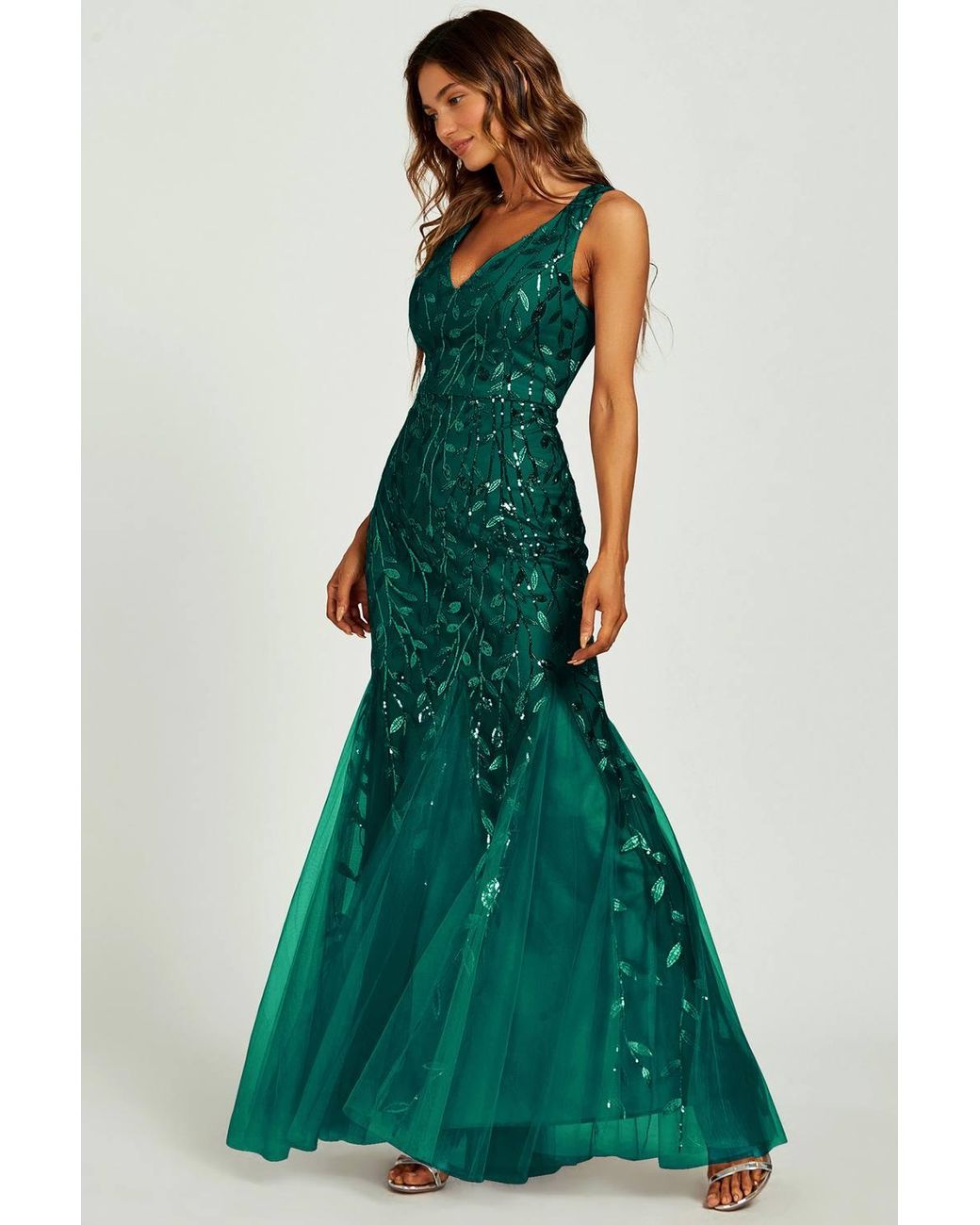 FS Collection Green Sequin Leaf Detailed V Neck Bridesmaid Maxi Dress