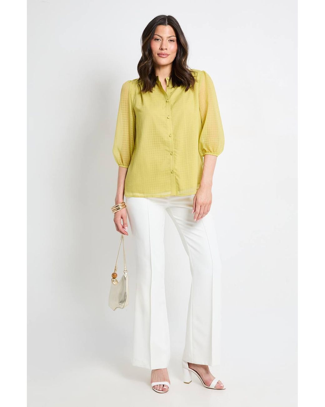 Wallis Yellow Check Organza Collarless Blouse