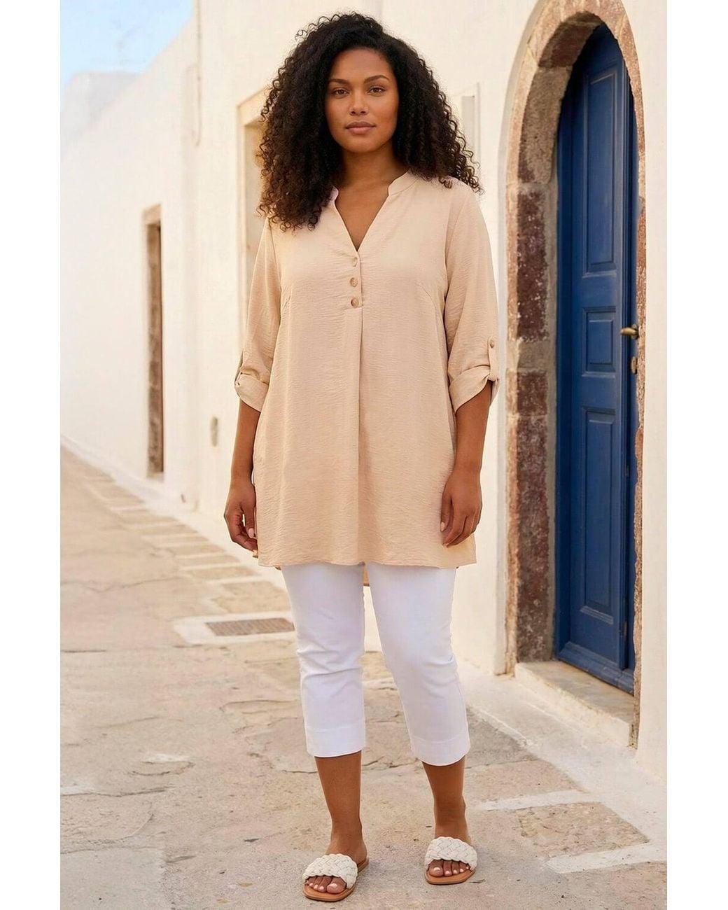 Roman Blue Curve Textured Buttoned Tunic Top