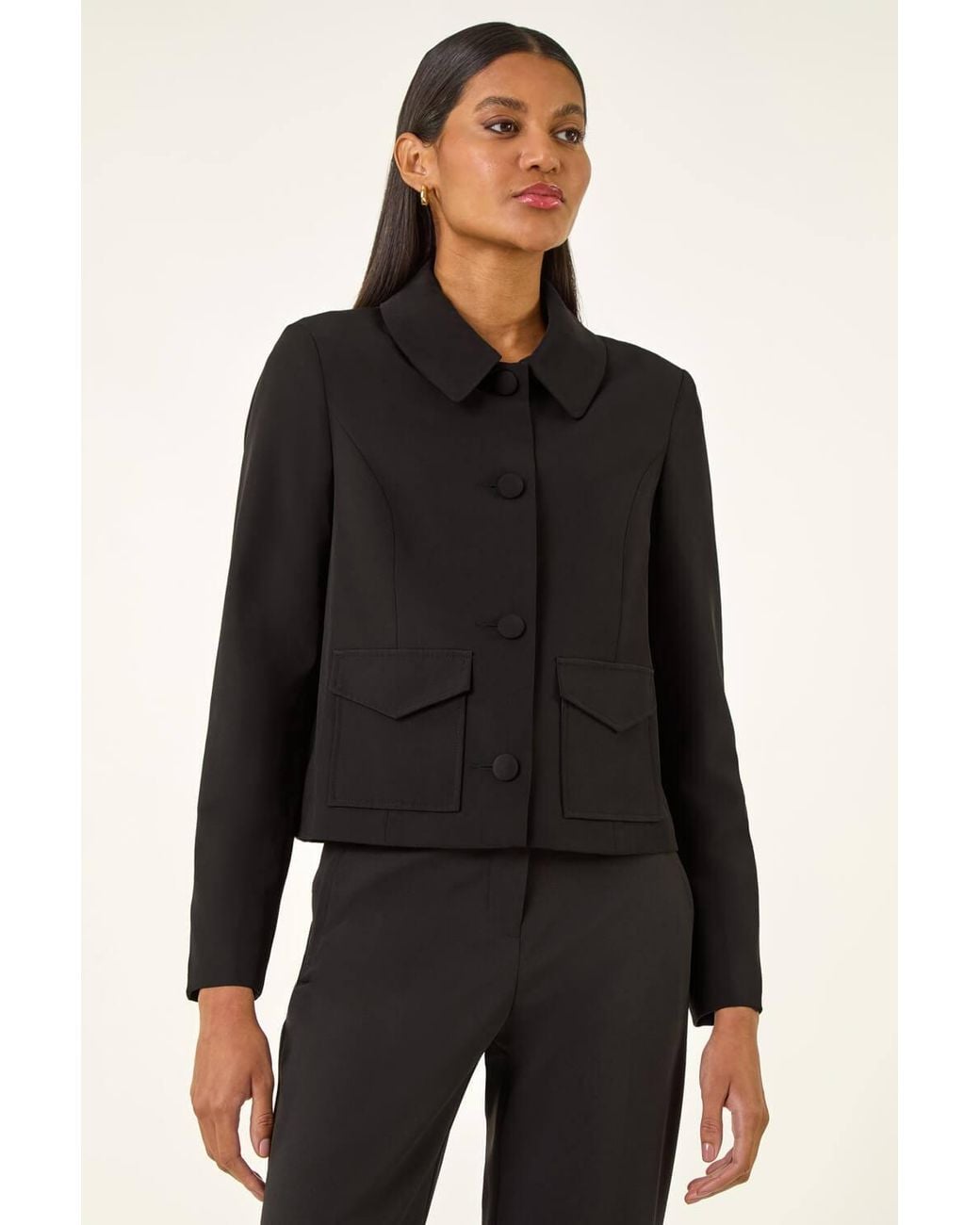 Roman Black Smart Buttoned Pocket Jacket