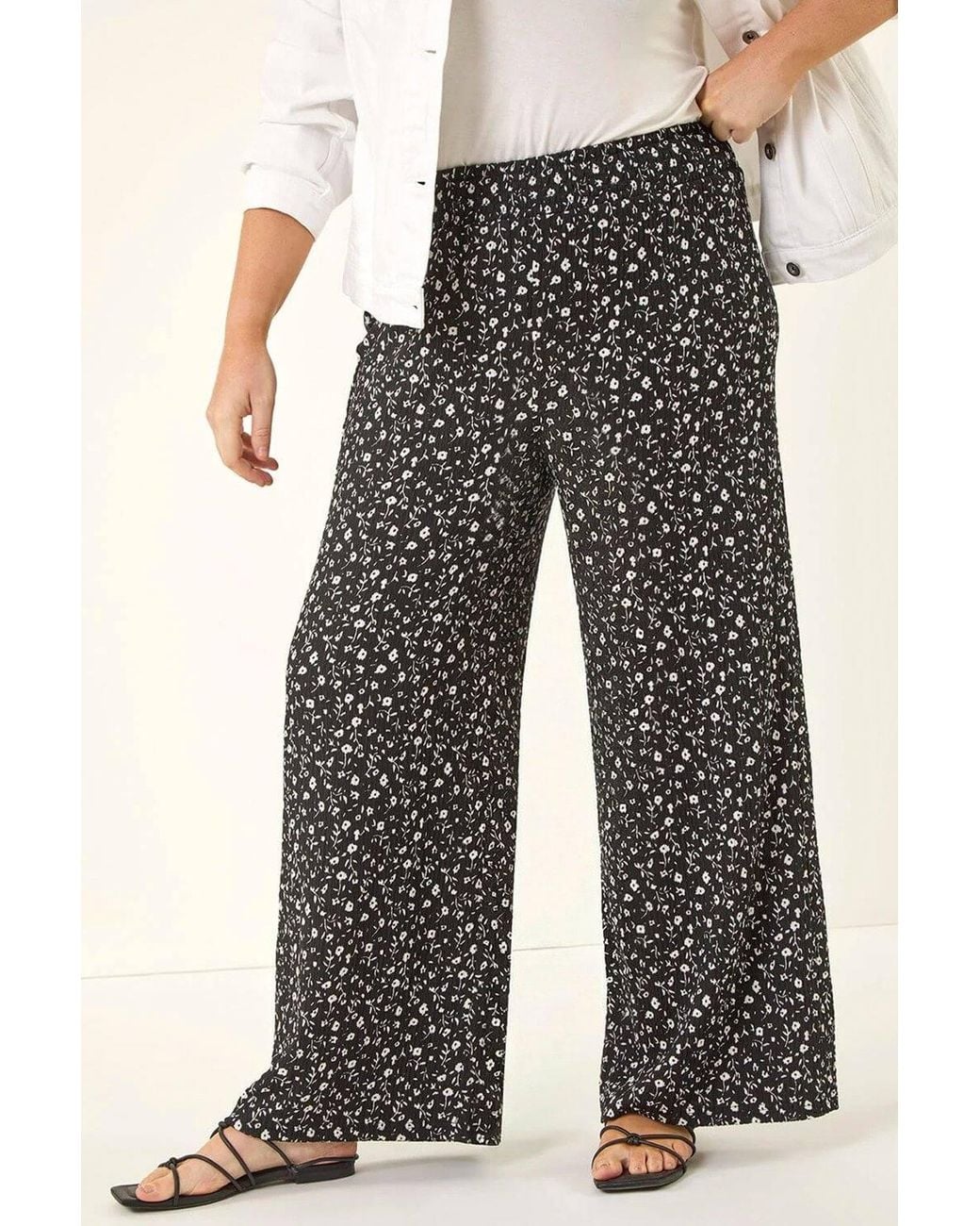 Roman Black Curve Textured Print Wide Leg Trousers