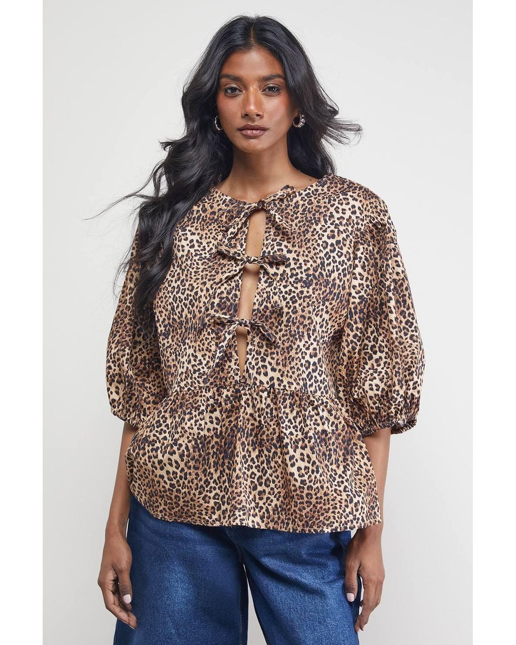 Warehouse Blue Print Poplin Tie Front Volume Sleeve Blouse