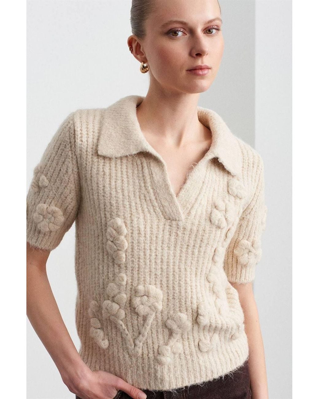 Dilvin Natural Textured Ribbed Polo-Collar Sweater
