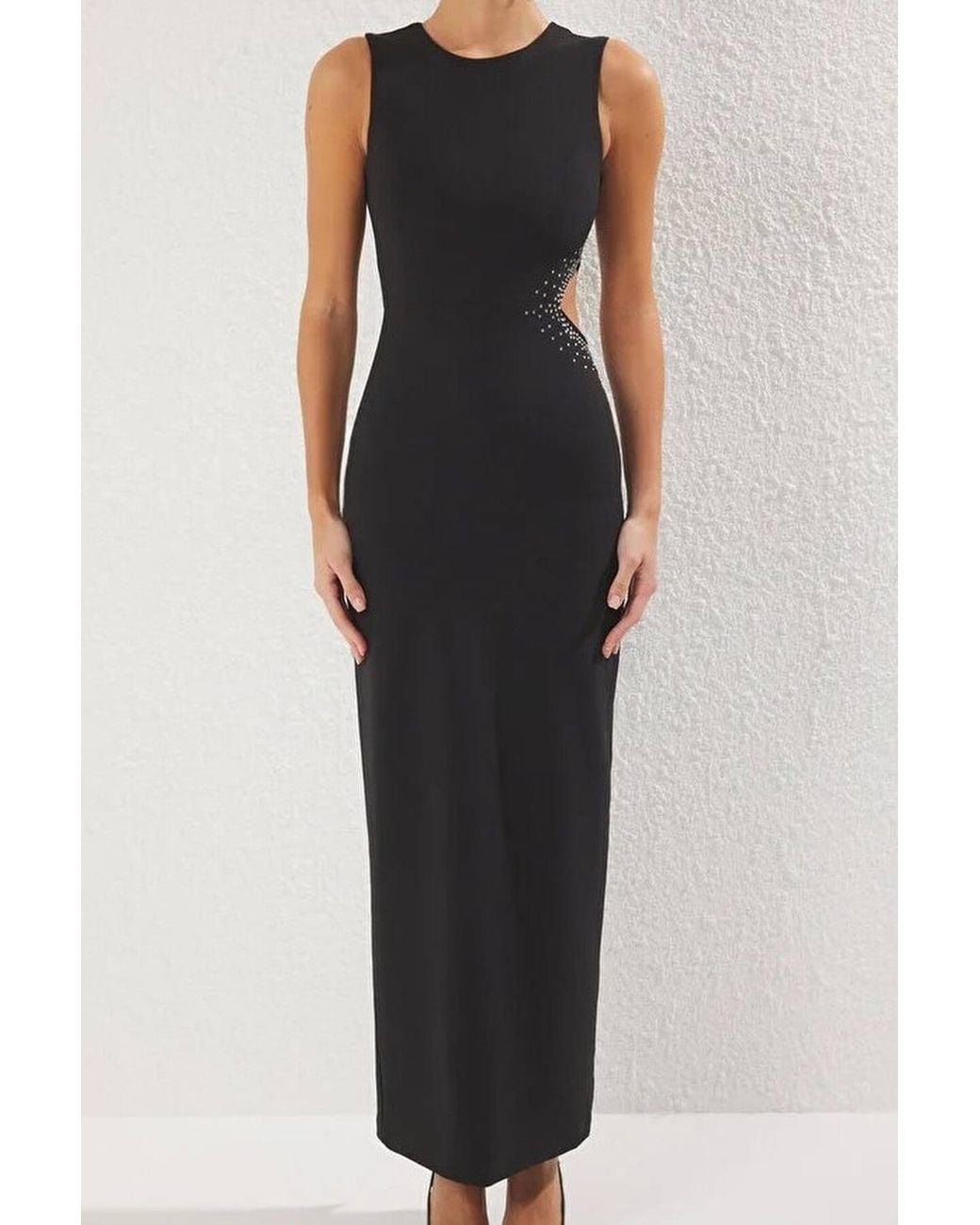 WOVCOR Black Stone Embellished Cut Out Sleeveless Maxi Dress