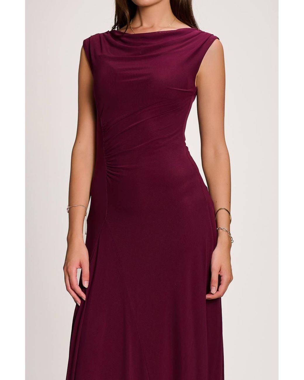 Jolie Moi Red Asymmetric Draped Mesh Maxi Dress