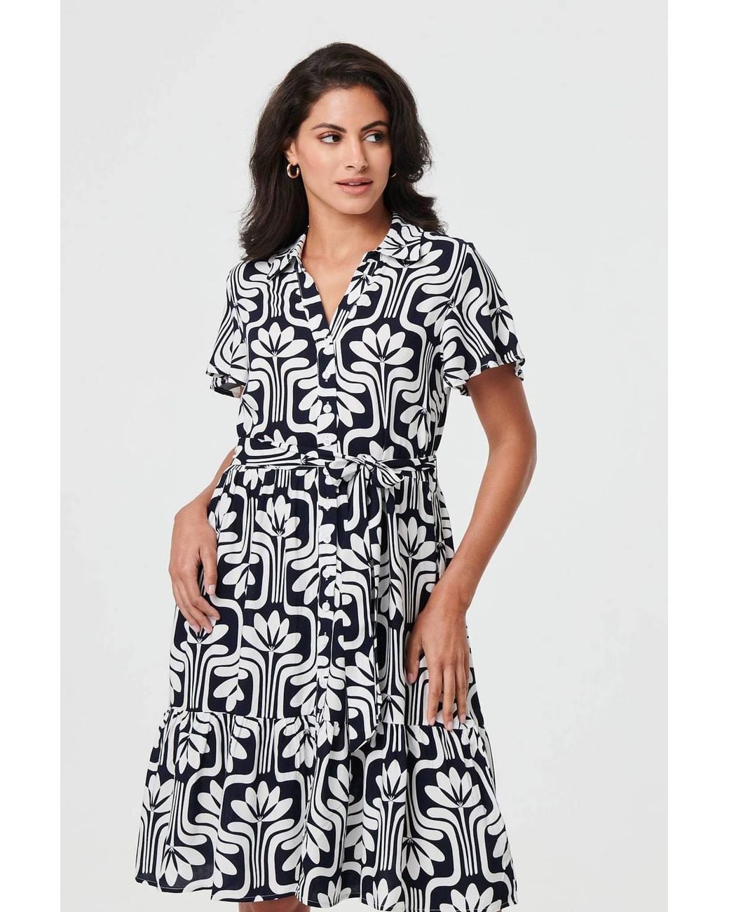 Izabel London Blue Printed Short Sleeve Mini Shirt Dress