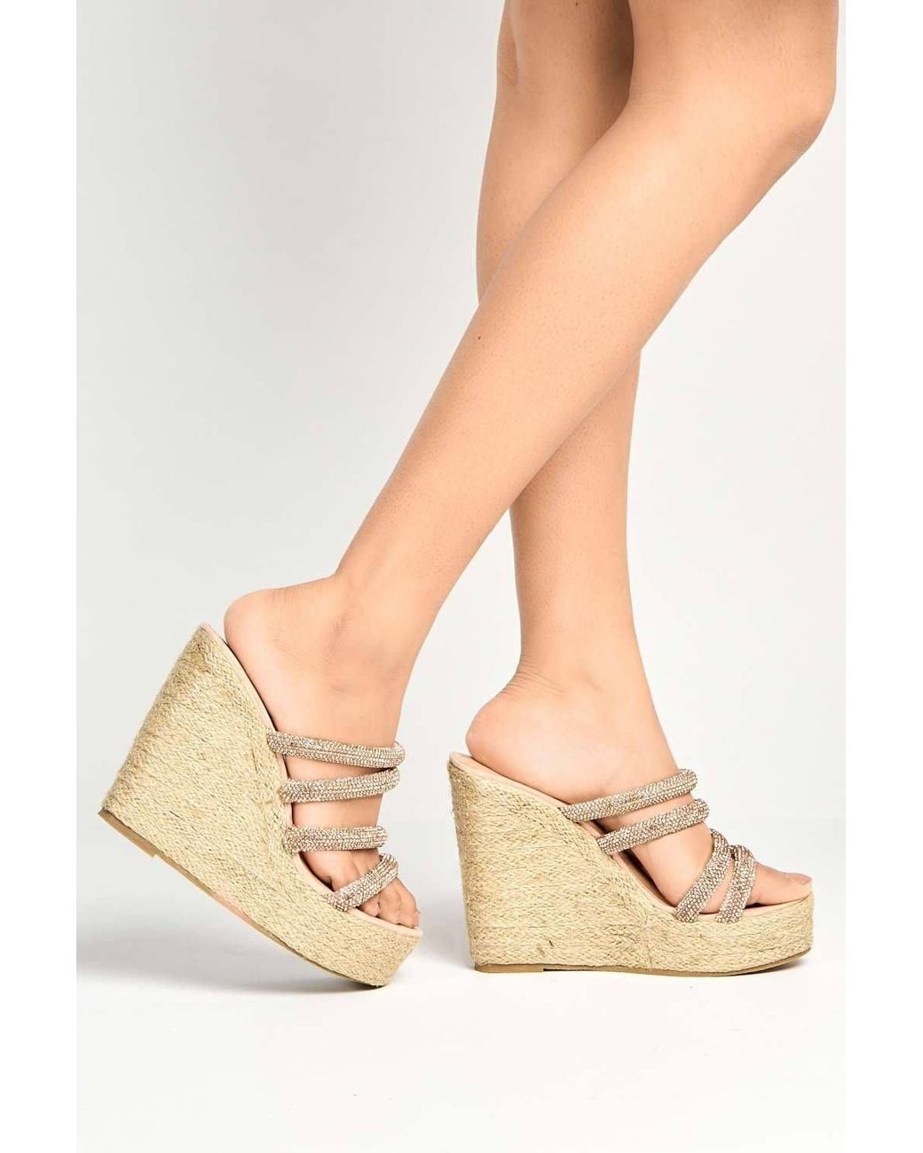 Miss Diva Natural Cali Diamante Straps Espadrille Wedge Sandals
