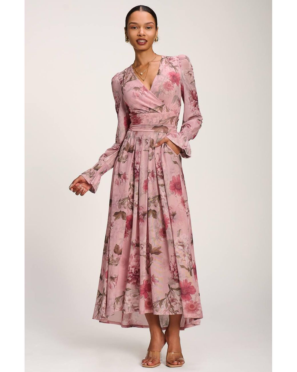 Jolie Moi Pink Long Sleeve V Neck Mesh Maxi Dress