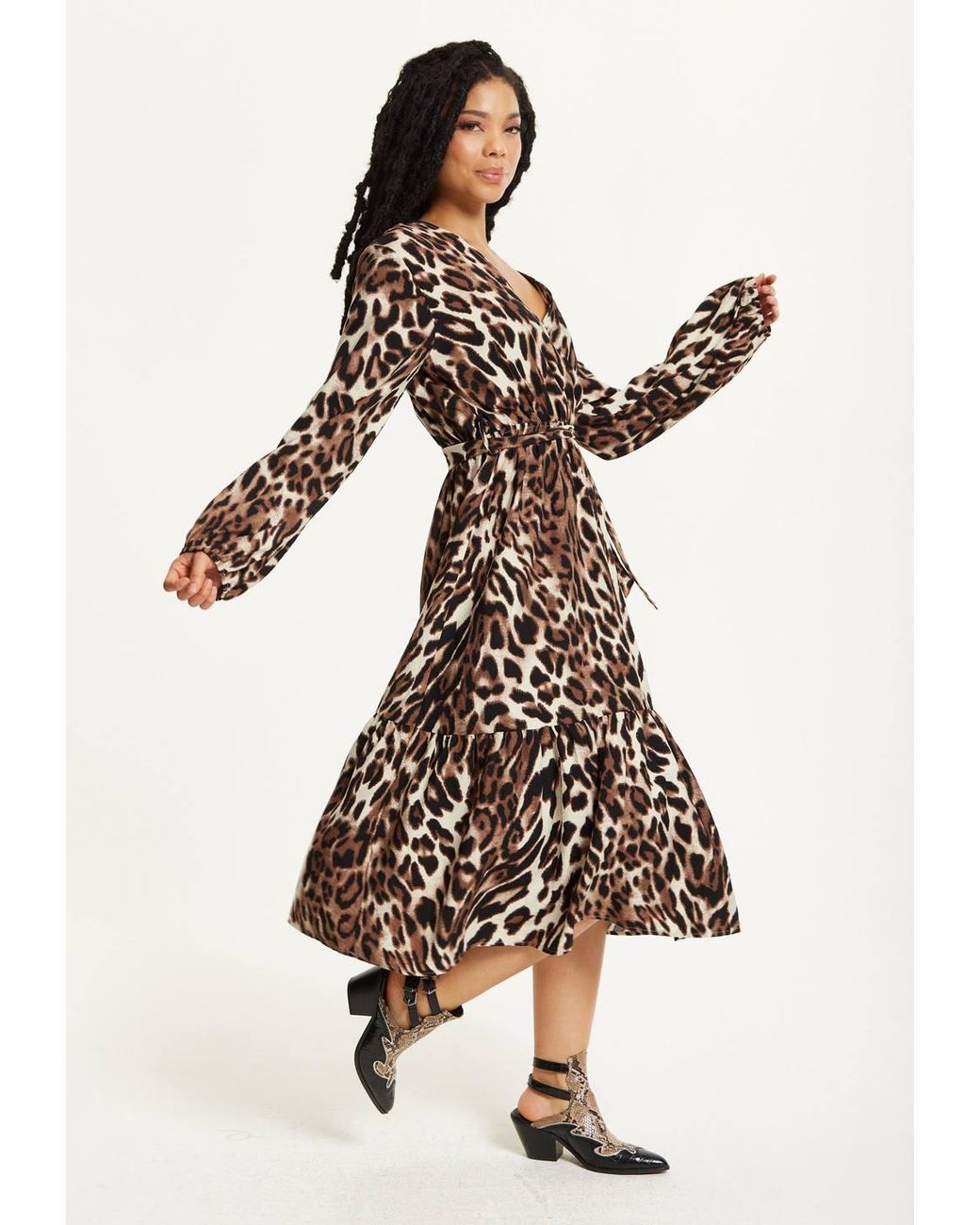 Liquorish White Leopard Print Long Sleeve Midi Dress