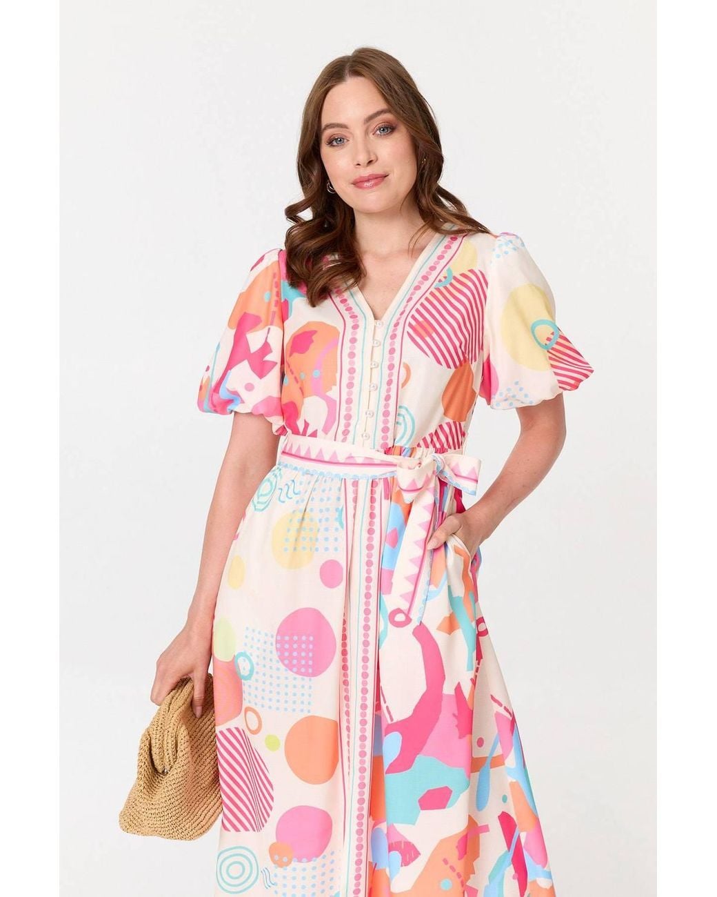 Izabel London Pink Abstract Short Puff Sleeve Midi Dress