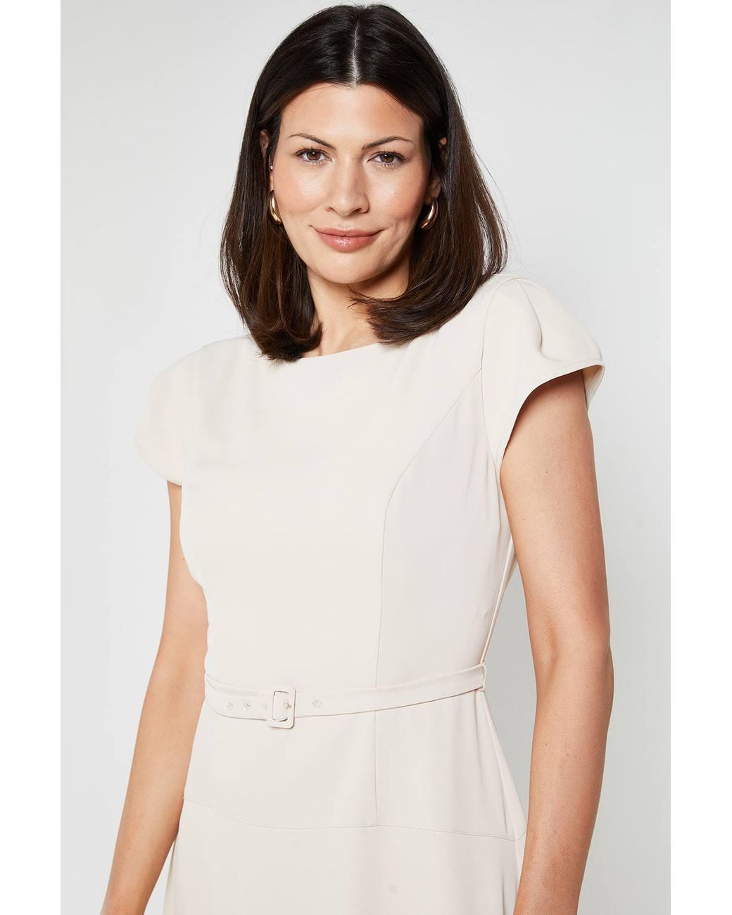 Wallis White Crepe Belted Cap Sleeve Midi Dress